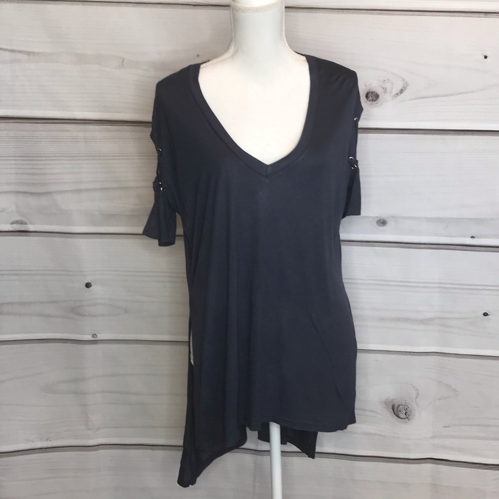 She + Sky Slate Blue Lace Up Sleeve Tunic Top | V Neck High Low Blouse | Size L